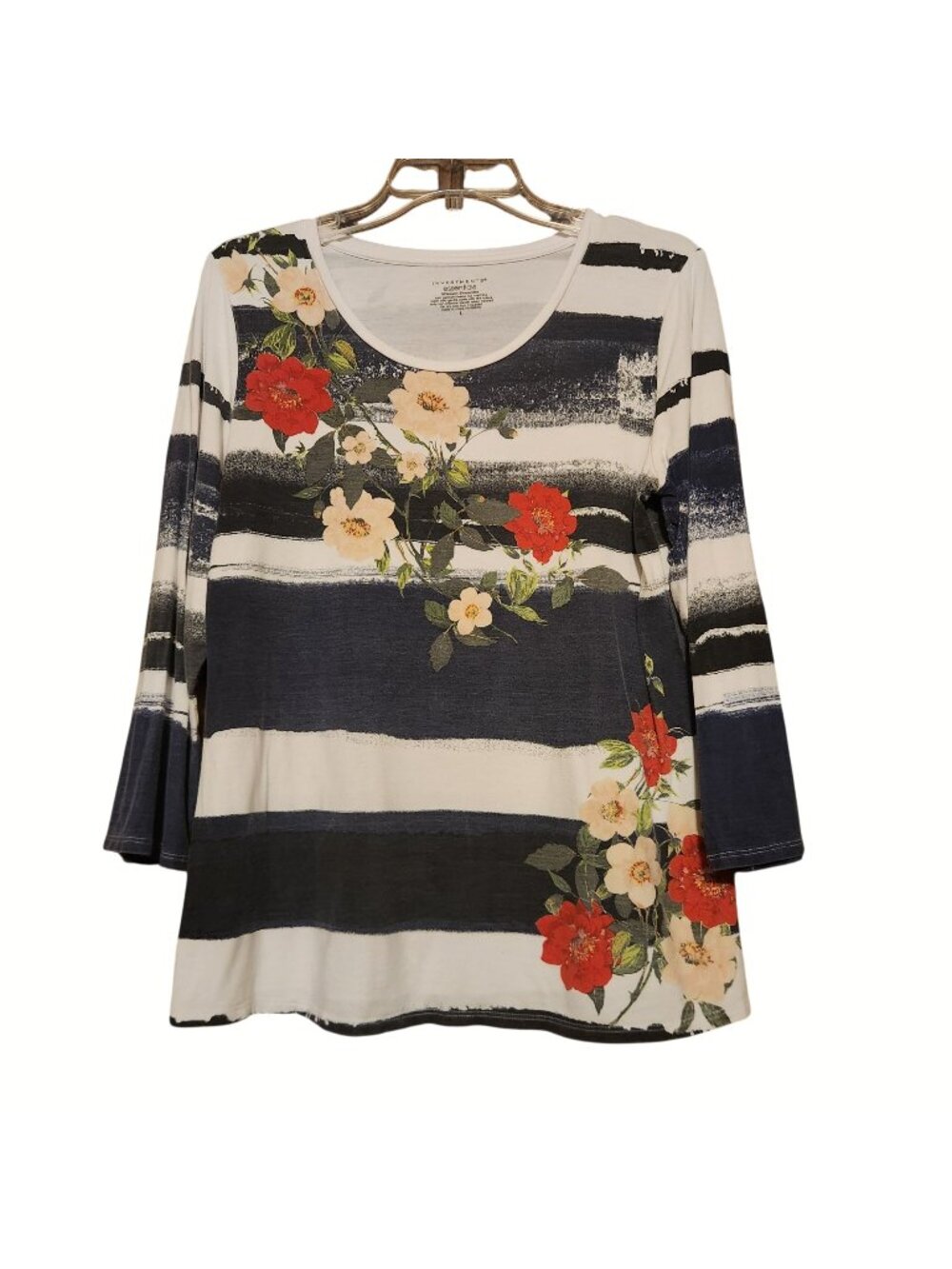 Floral Print Distressed 3/4 Length Sleeves Shirt Ladies Large